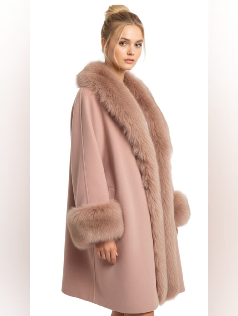 NWT@$70! SIONI! PERFECT PINK FAUX FUR TRIMMED KNIT OPEN JACKET, CAPE! SIZE L/XL
